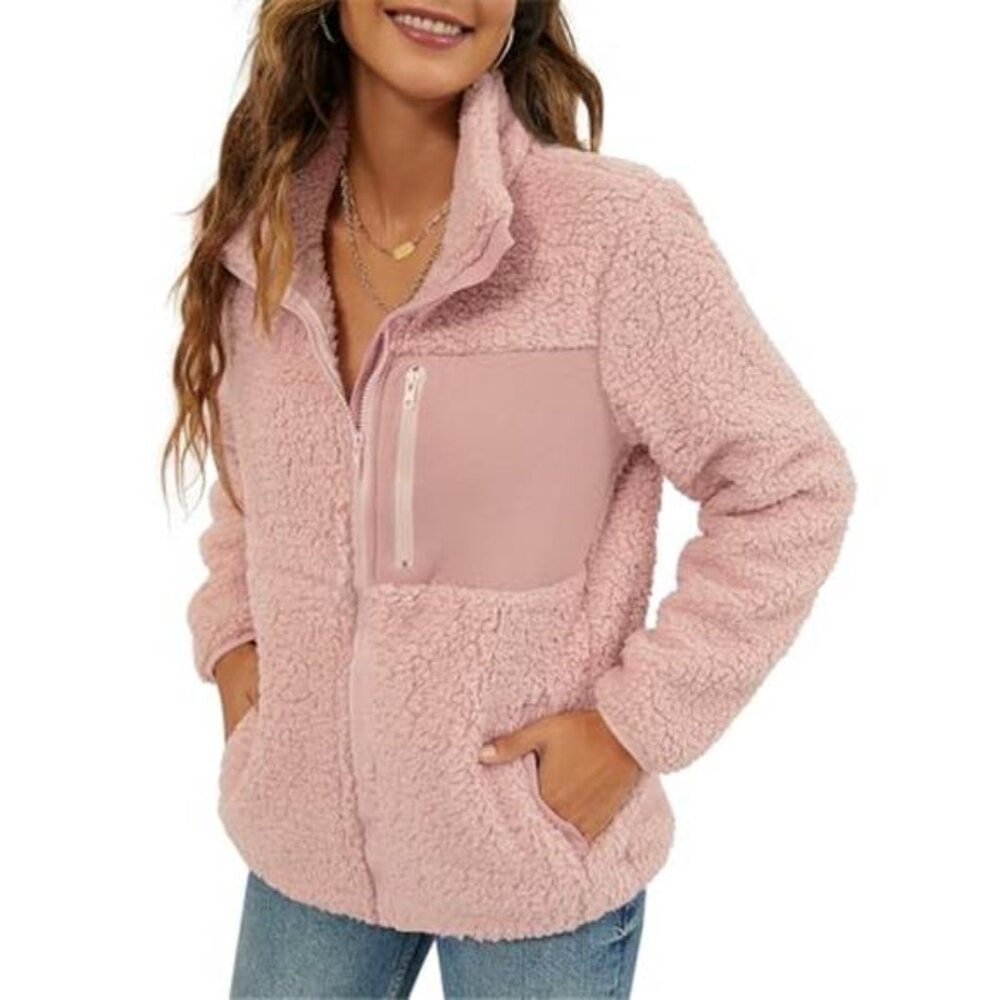 Womens Faux Shearling Coat Shaggy Full Zip Plush Winter Jacket Pockets